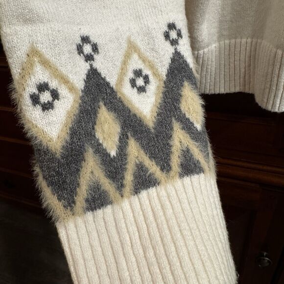 Loft Cream Nordic Fair Isle Collared Split Neck Soft & Cozy Sweater XL - Picture 10 of 16